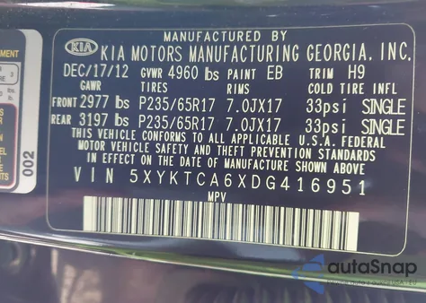 2013 Kia Sorento Lx z USA, uszkodzony, nr VIN 5XYKTCA6XDG416951